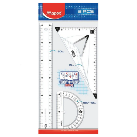 Maped - Kit de traçage 3 pièces : règle 30 cm, équerre 2 en 1, rapport