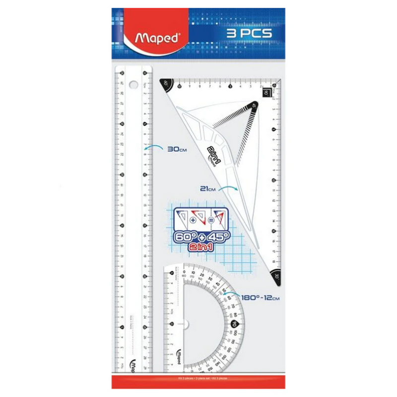 Maped - Kit de traçage 3 pièces : règle 30 cm, équerre 2 en 1, rapport